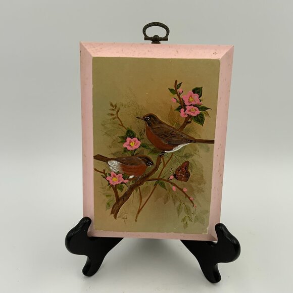 Merri-Mates Other - Vintage Merri-Mates Painted Birds, Pink Flowers, Pink Wood 7 1/2" Tall